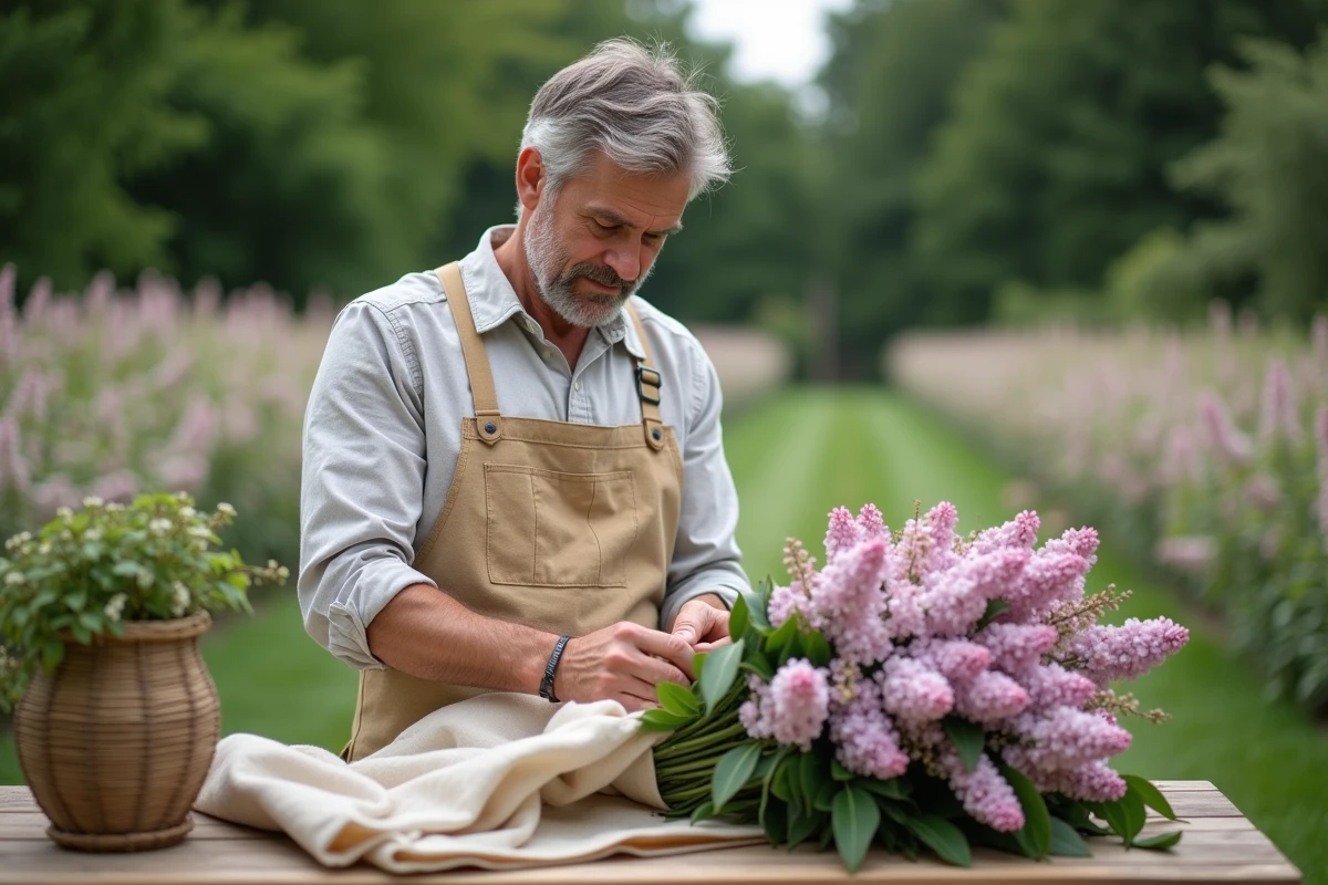 Fleuriste préparant un bouquet de mariage dans un jardin
