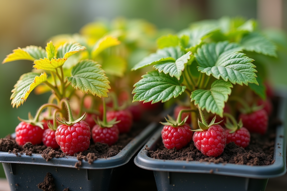 Framboises malades avec feuilles jaunes et sains en pot