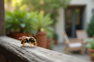 Frelon asiatique Vespa velutina posé sur une rambarde en bois d'une terrasse de jardin
