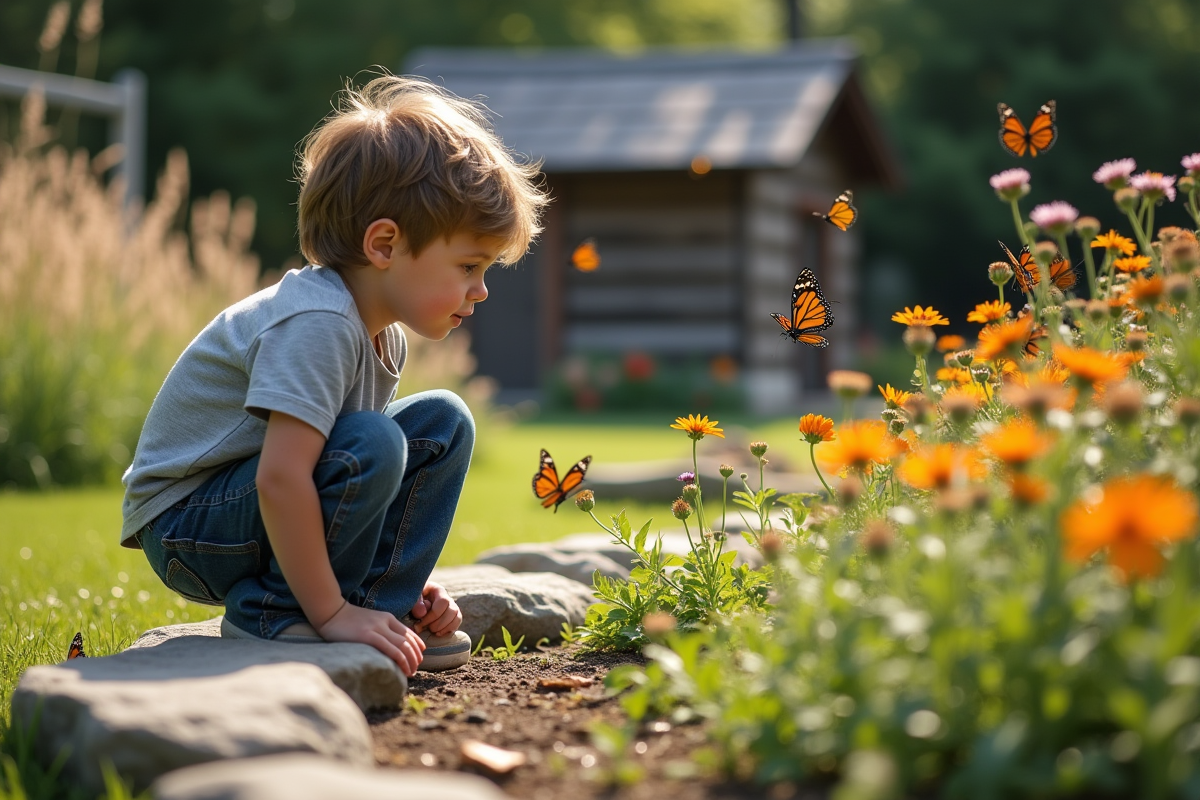 Jeune garçon observant des papillons dans un jardin ensoleille