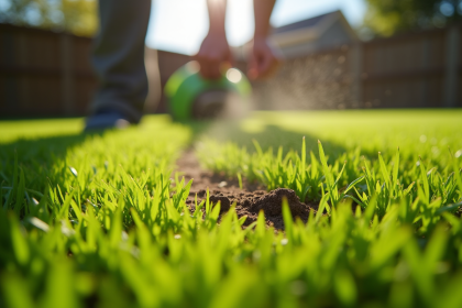 Jardin avec pelouse verte dense et saine ensoleillée