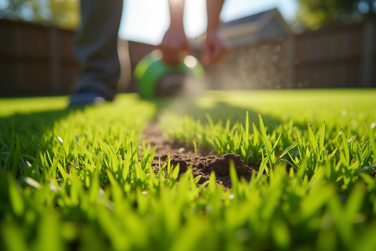 Jardin avec pelouse verte dense et saine ensoleillée