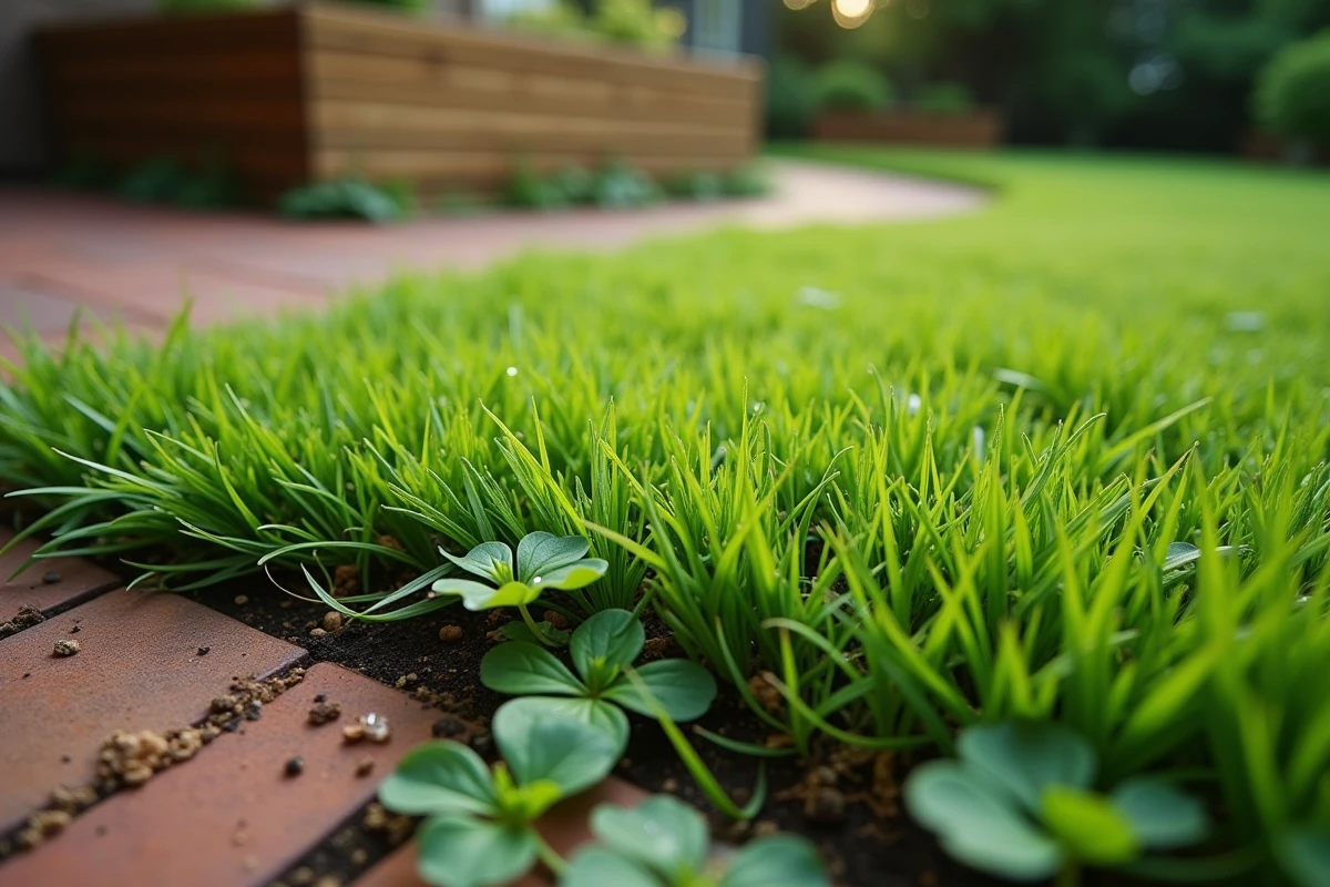 Gros plan sur un gazon envahi de mauvaises herbes comparé à une zone de pelouse saine et dense