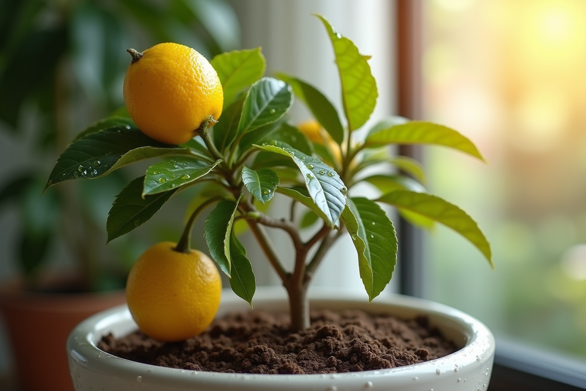 Détails de feuilles et terre humide du citronnier en pot intérieur