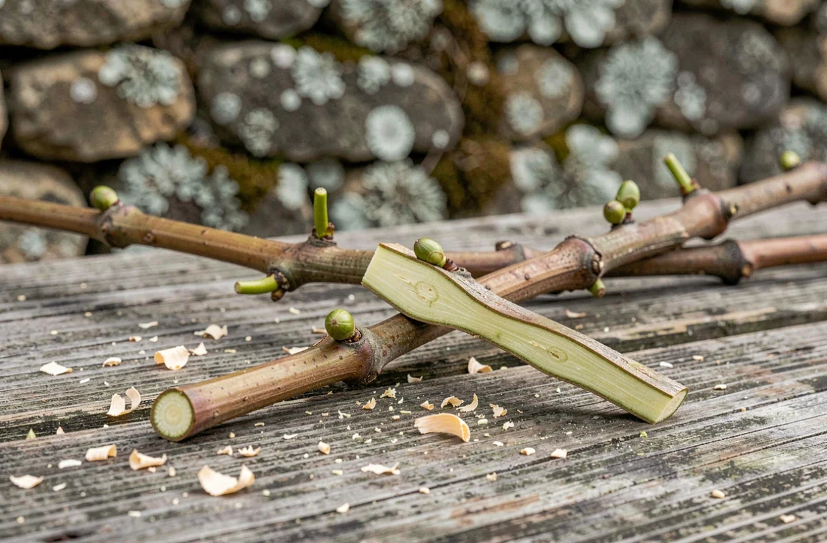 Gros plan sur des sarments de vigne taillés montrant les bourgeons et les coupes nettes sur un établi en bois