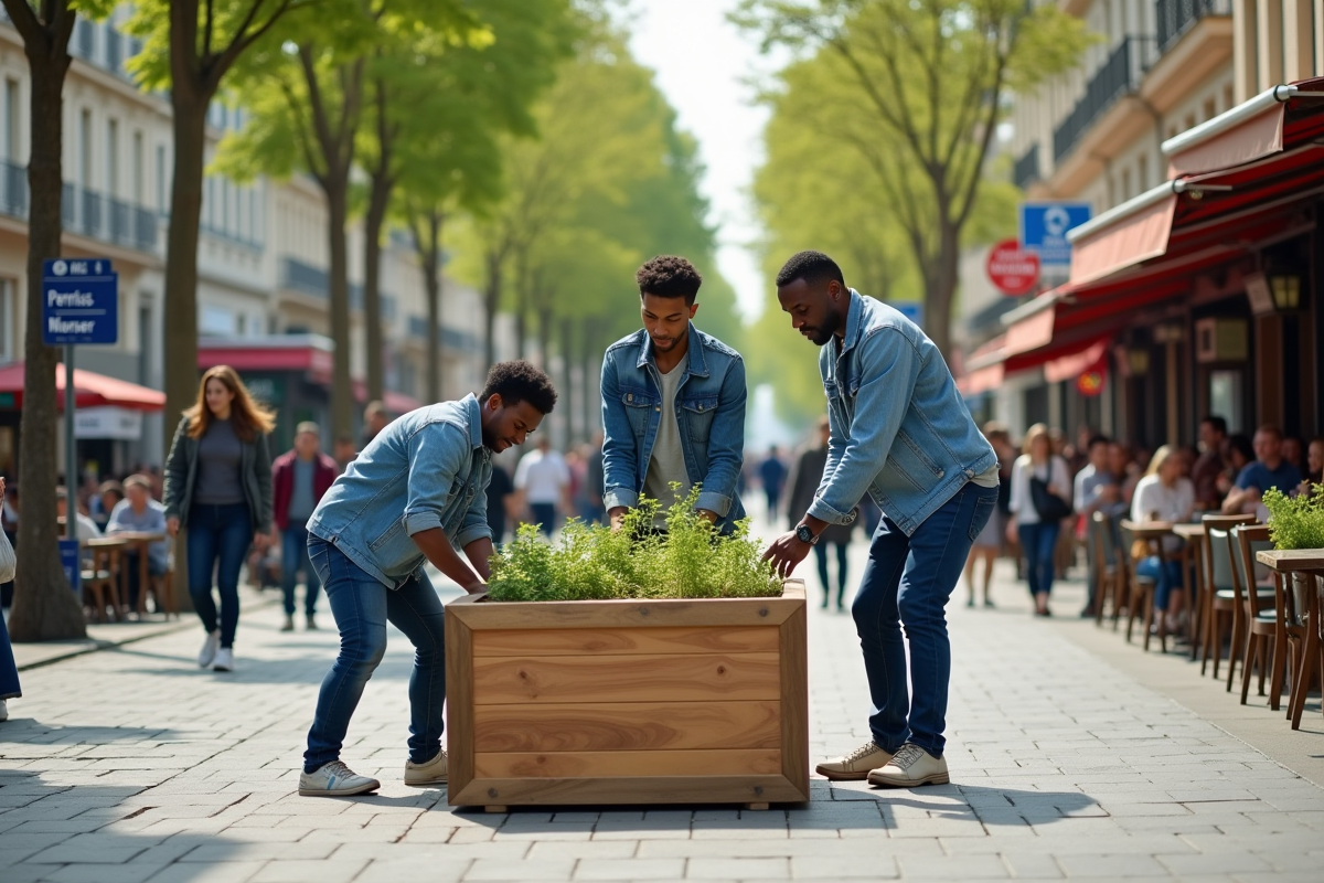 Groupe de jeunes adultes assemblant une jardiniere en ville