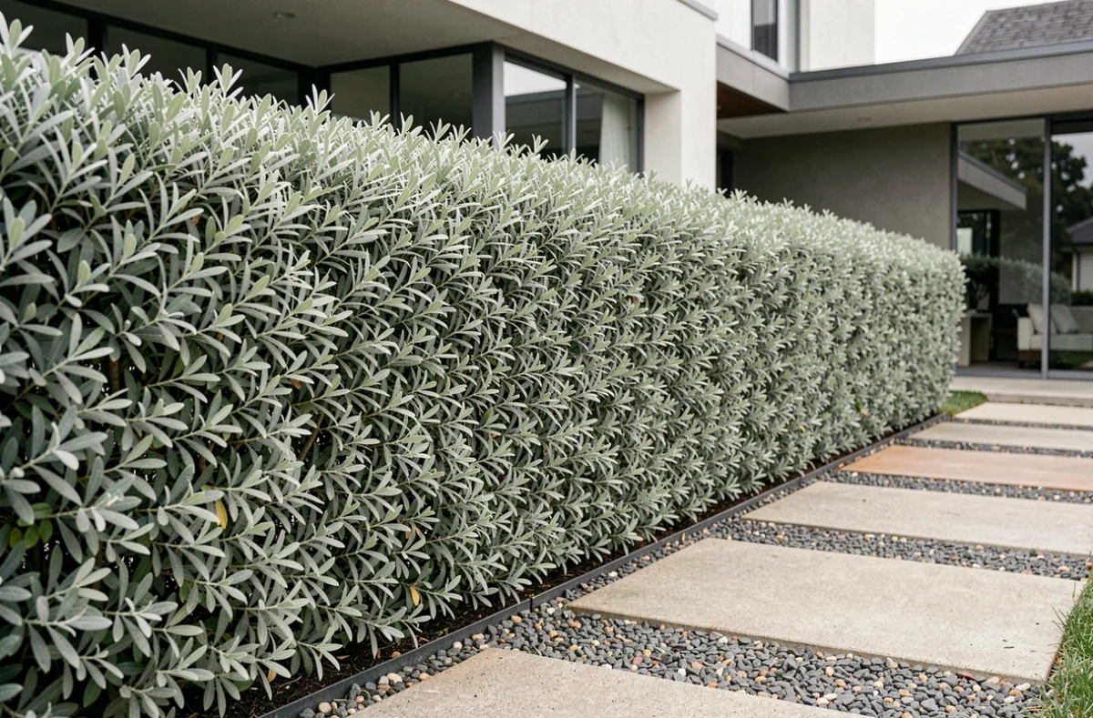 Haie de Pittosporum Kohuhu taillée le long d'un chemin de jardin moderne, offrant un écran de confidentialité élégant devant une façade contemporaine