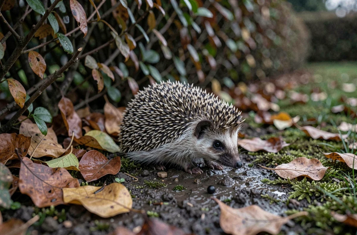 Hérisson européen sur sol humide avec une crotte visible dans un jardin naturel en automne