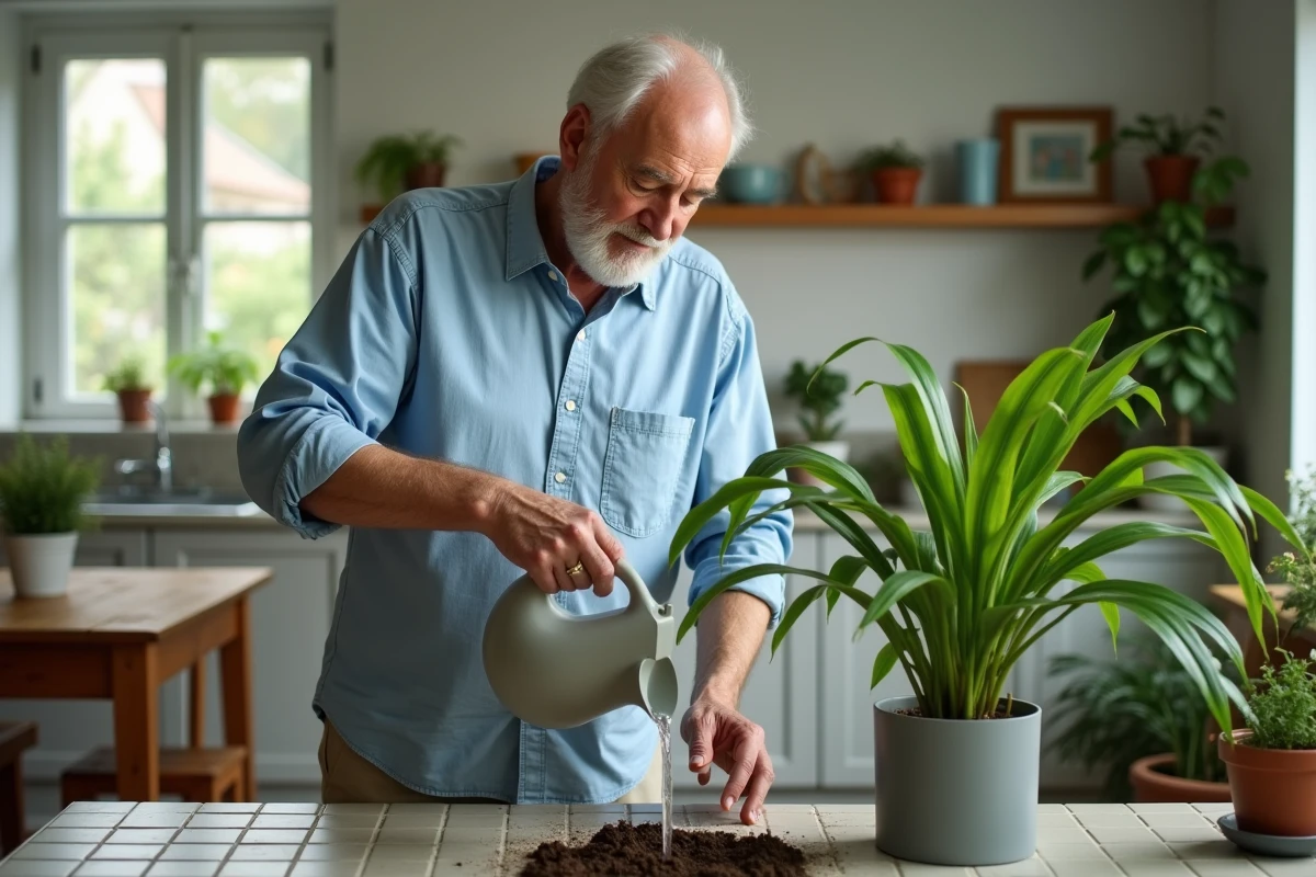 Homme âgé arrosant un palmier dans la cuisine