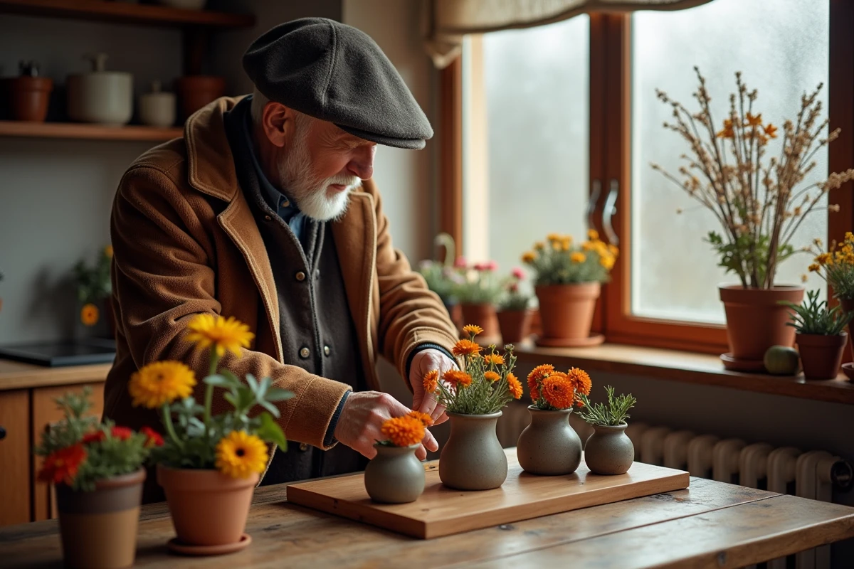 Homme âgé arrangeant des fleurs dans la cuisine chaleureuse