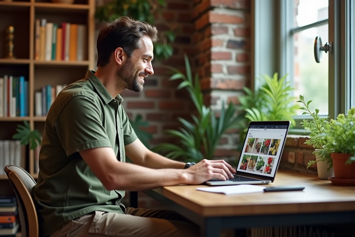 Homme parcourant un site de vente de fleurs en ligne depuis son bureau à domicile
