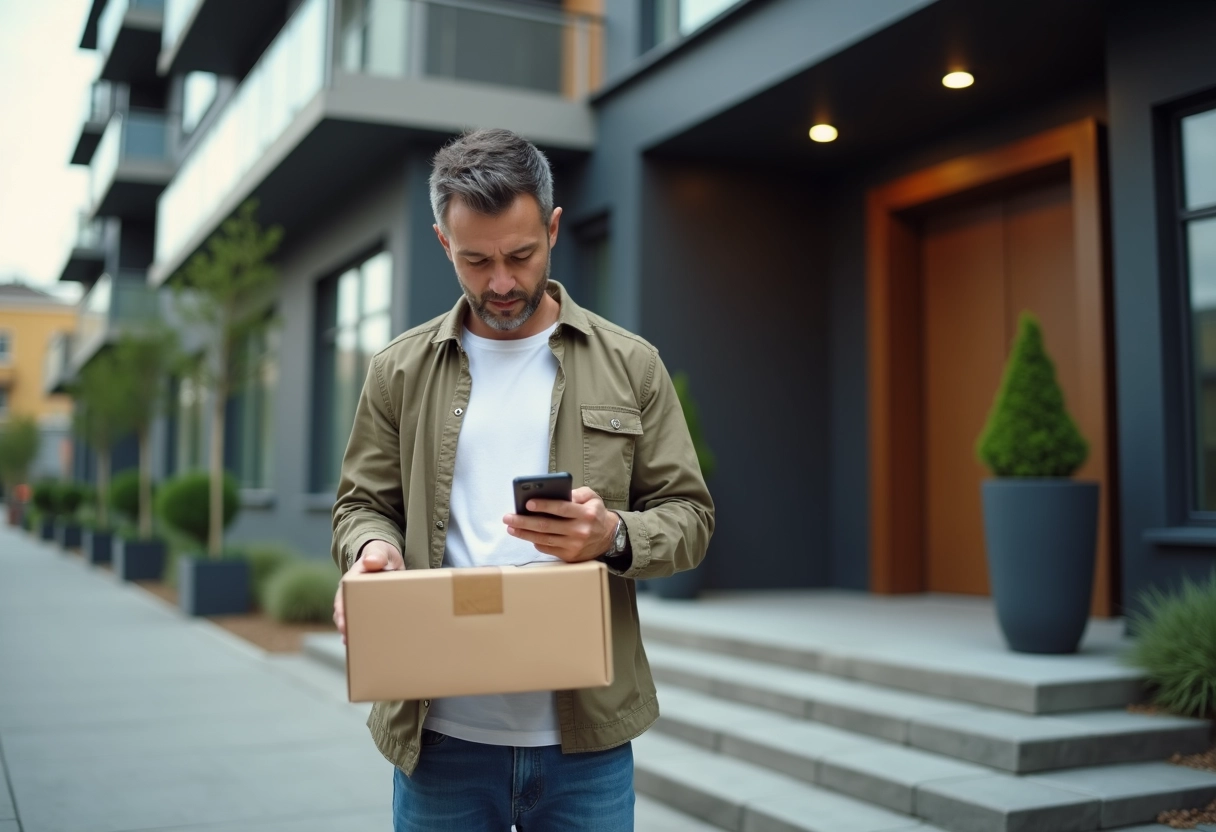 Homme frustré tenant un colis endommagé devant l