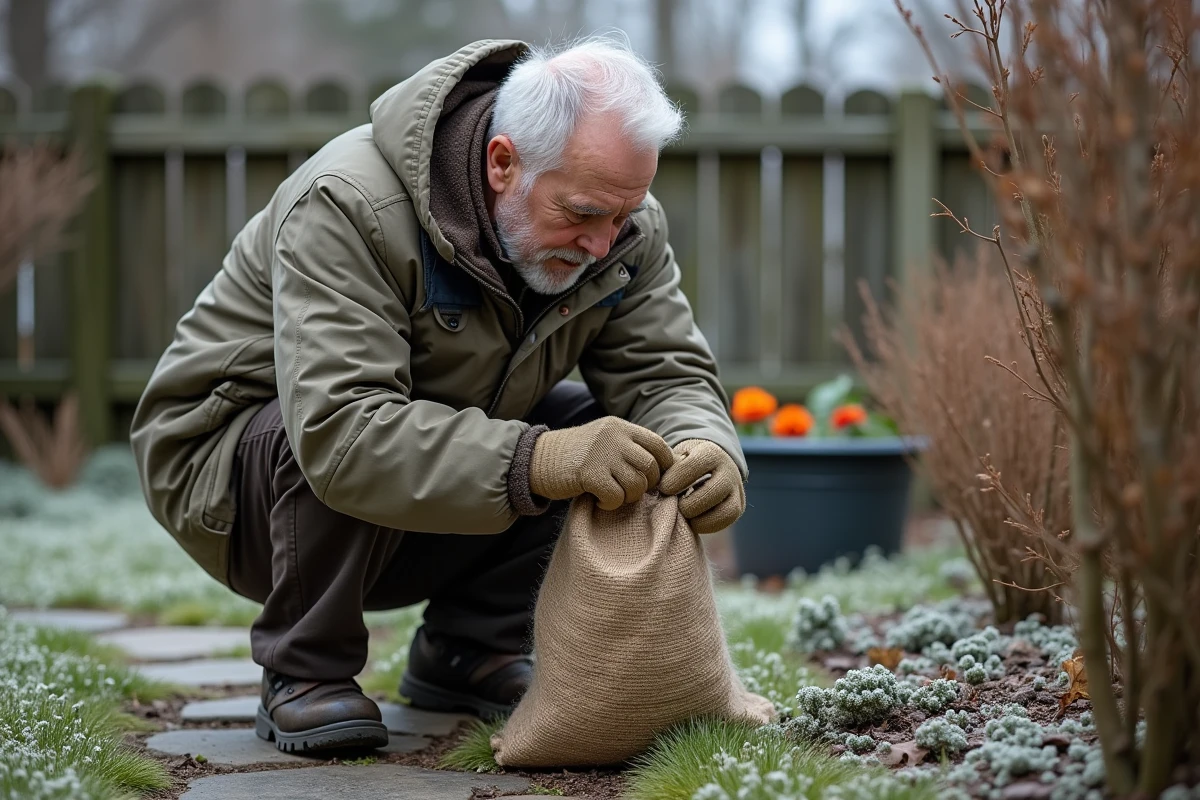 Homme âgé enveloppant un lisianthus dans un jardin d