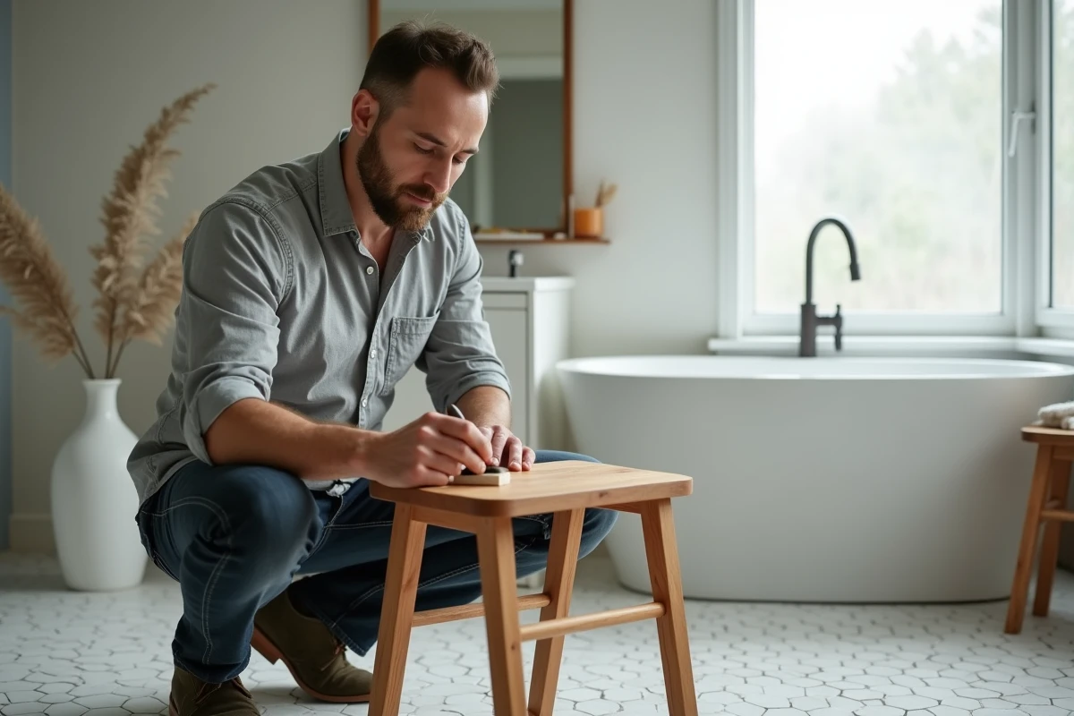 Homme appliquant de l'huile protectrice sur un tabouret en teck dans une grande salle de bain lumineuse