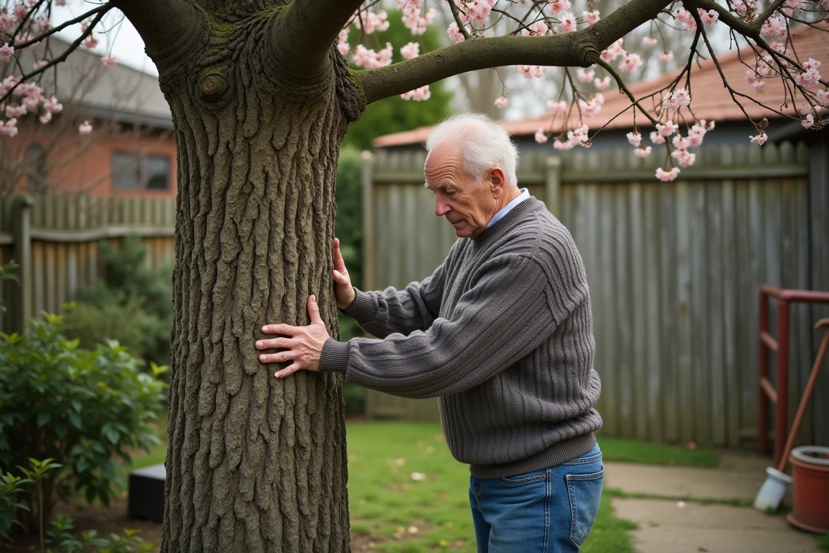 Homme inspectant un mimosa dans un jardin rural