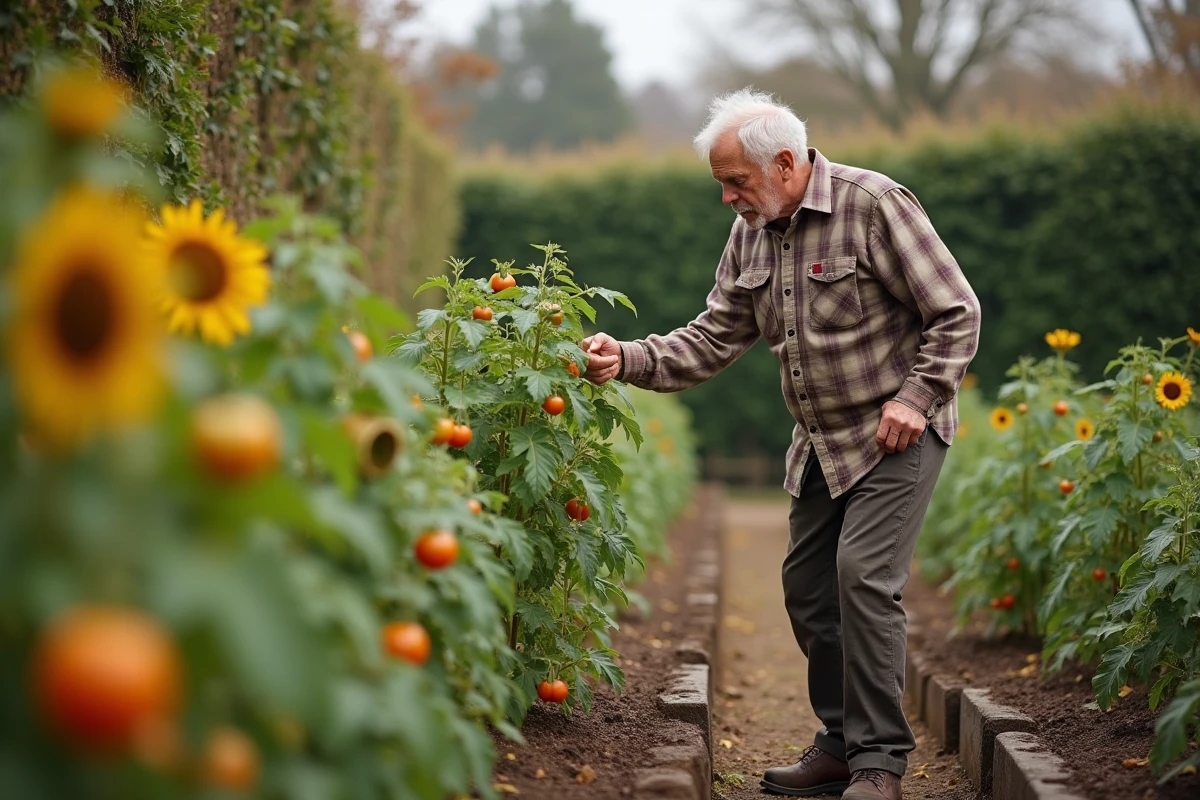 Homme examinant une tomate dans un jardin d