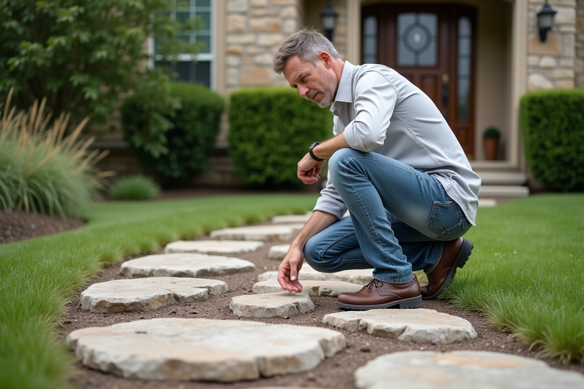 Homme d'âge moyen examine des pierres décoratives dans son jardin