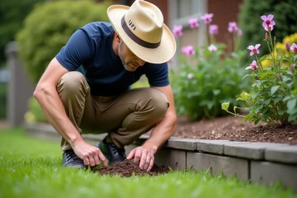 Homme en pantalon kaki inspectant un nid de guêpes dans le jardin