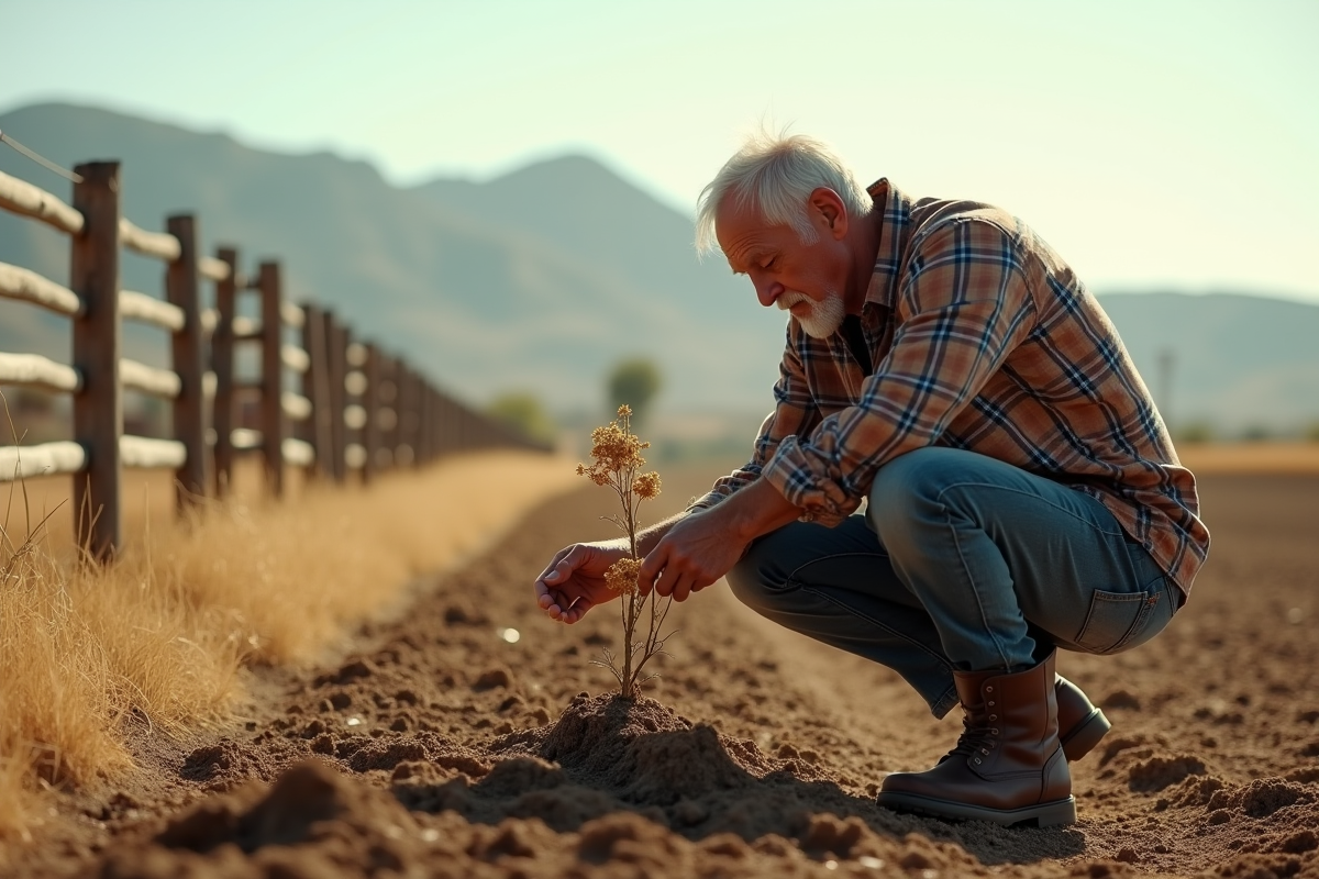 Homme âgé examinant une plante dans un champ rural