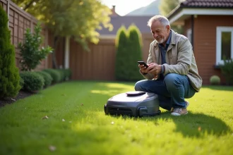 Homme d'âge moyen avec tonte robot dans jardin résidentiel