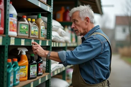 Homme d'âge moyen dans un magasin de jardinage examine des bouteilles d'herbicide