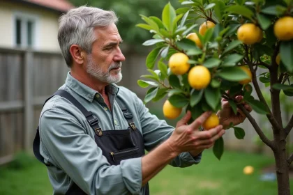 Homme d'âge moyen examine un citronnier avec feuilles jaunes