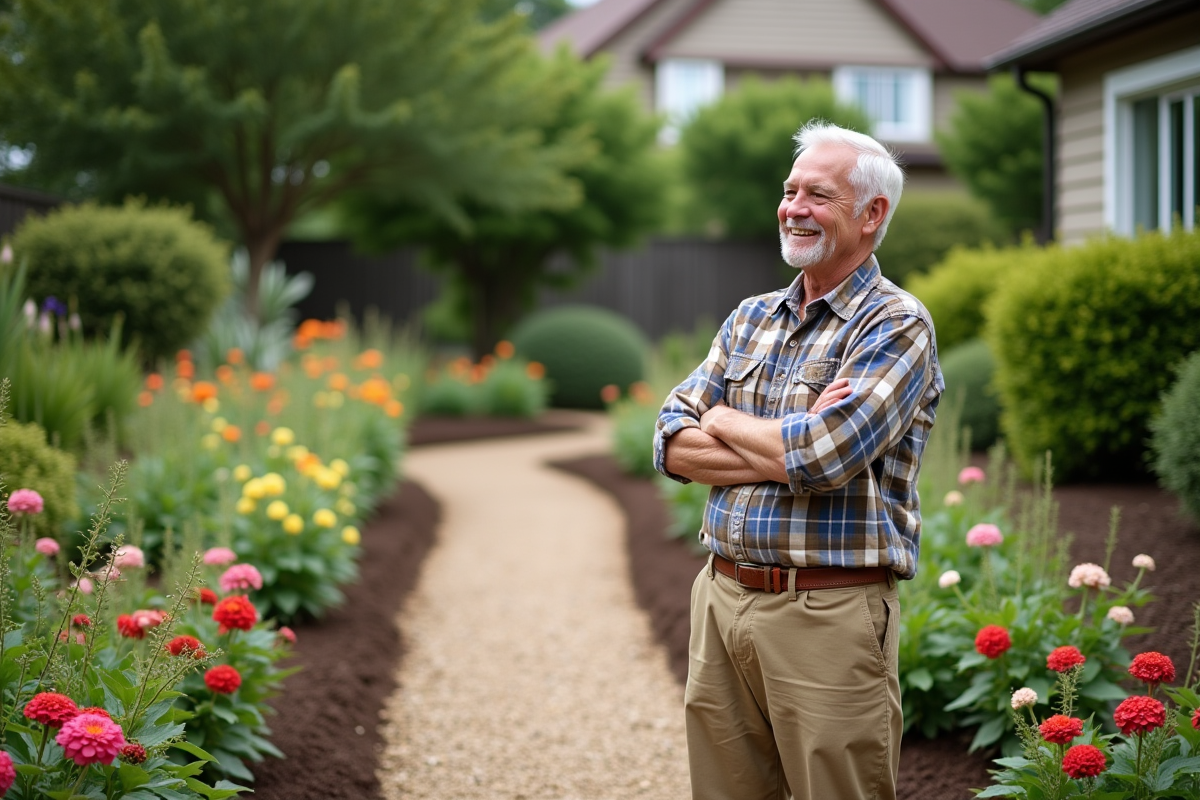 Homme âgé observant sa bordure de fleurs dans le jardin