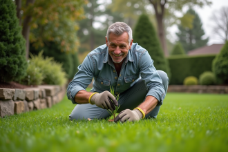 Homme d'âge moyen en tenue de jardinage arrosant la pelouse