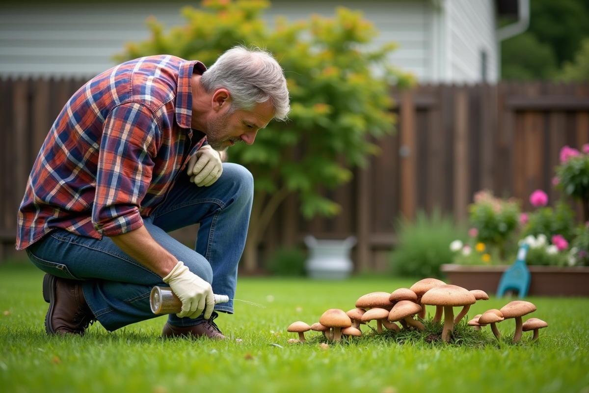 Homme en jeans et chemise à carreaux arrosant des champignons