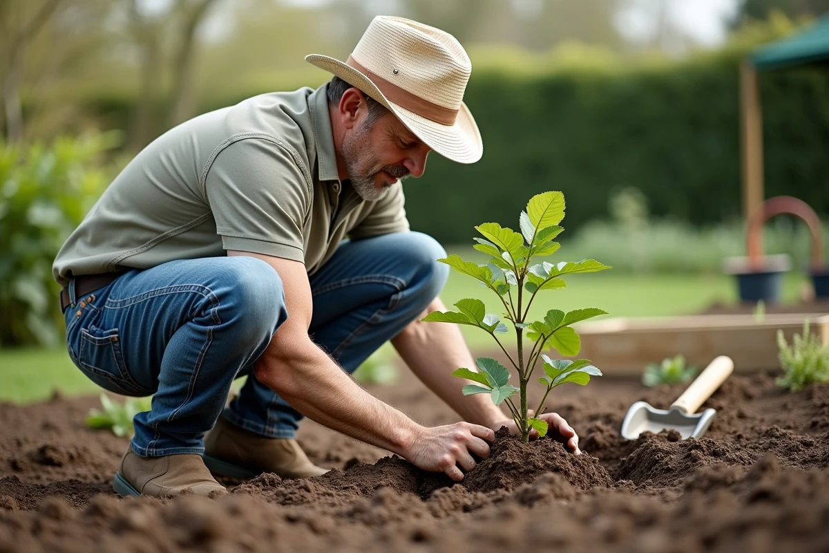 Homme en vêtements de jardinage plante un figuier jeune