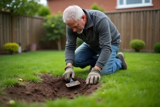Homme au jardin inspectant la terre humide dans son jardin