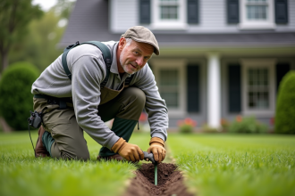 Homme en vêtements de jardinage posant un câble dans une tranchée