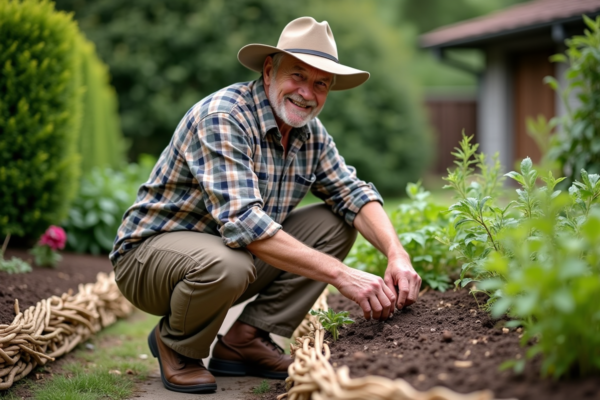 Homme âgé en chapeau mélangeant des plantes dans un jardin