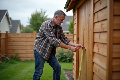 Homme mesurant la distance entre abri de jardin et clôture