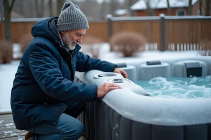 Homme en parka et bonnet vérifiant un spa gonflable gelé