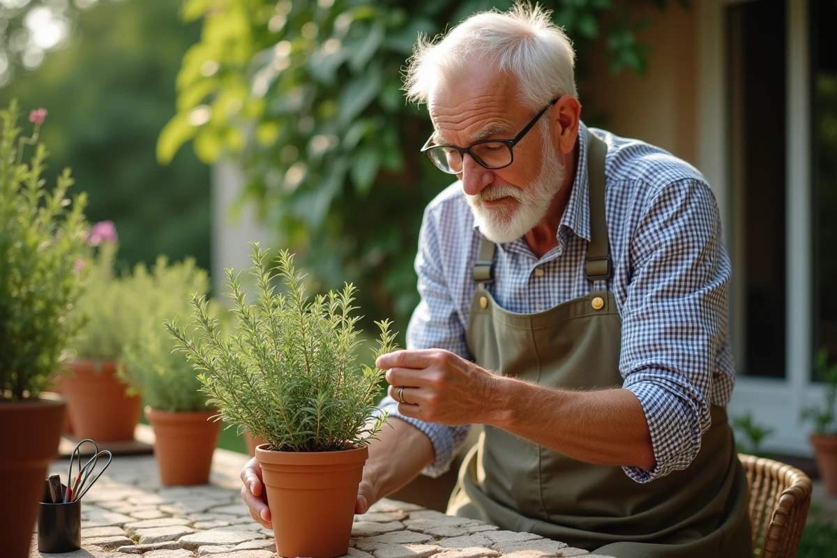 Homme examinant les feuilles de romarin sur la terrasse