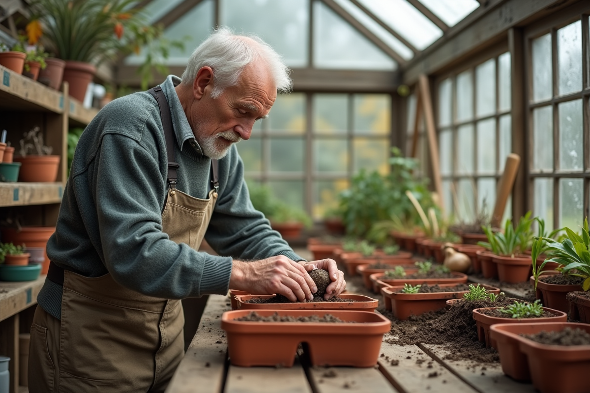 Homme âgé plantant des oignons dans une serre en automne