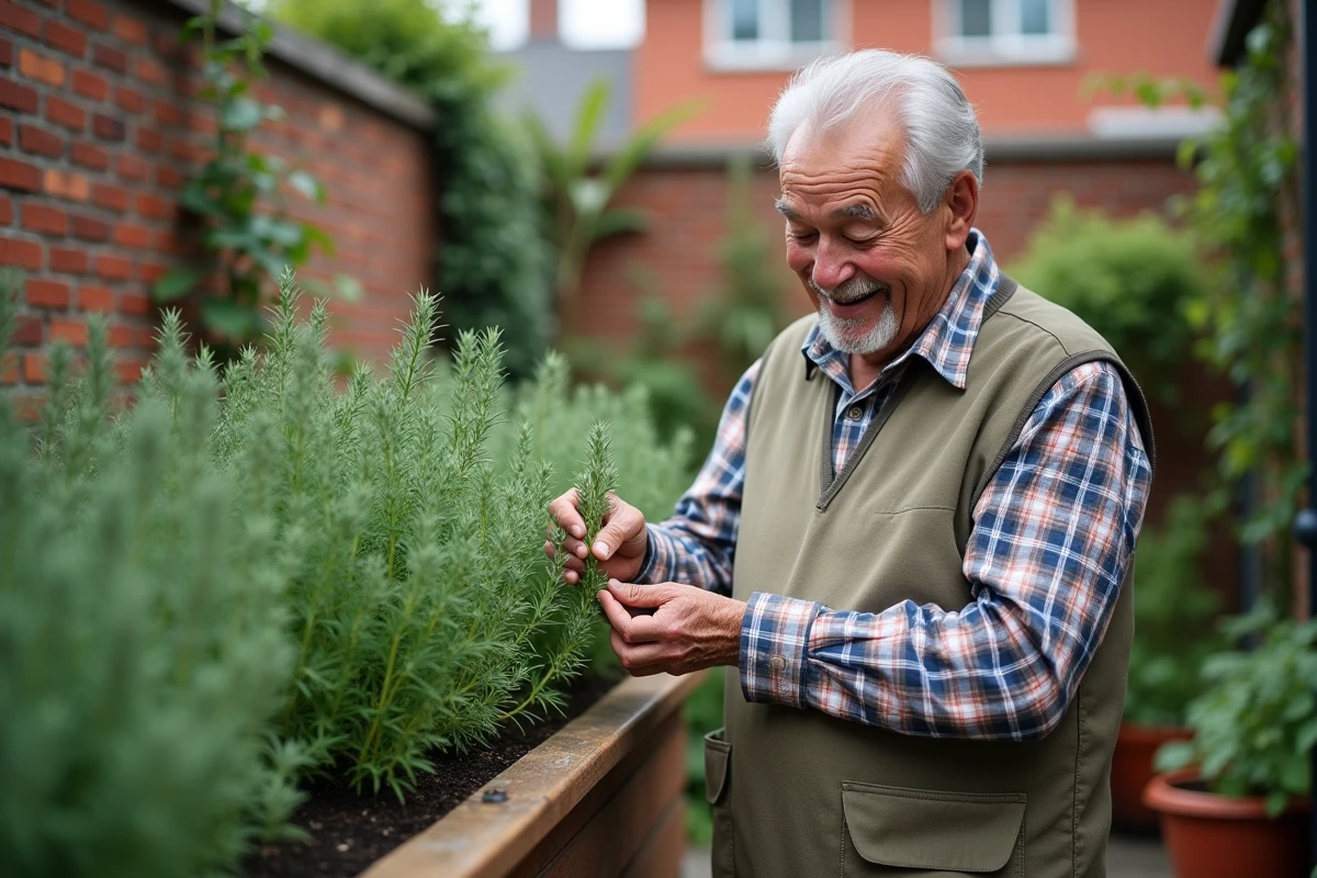 Homme âgé examinant la sauge dans un jardin urbain