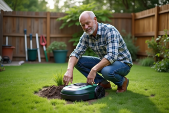 Homme frustré avec robot tondeuse coincée dans un jardin