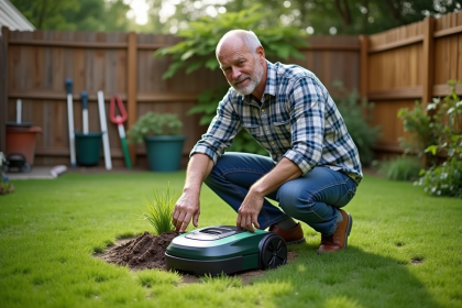 Homme frustré avec robot tondeuse coincée dans un jardin