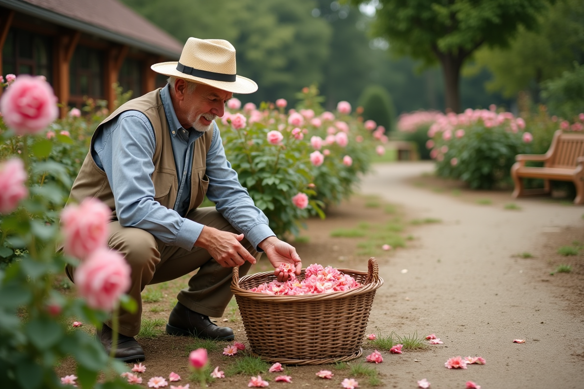 Homme récoltant des fleurs fanées dans un jardin communautaire
