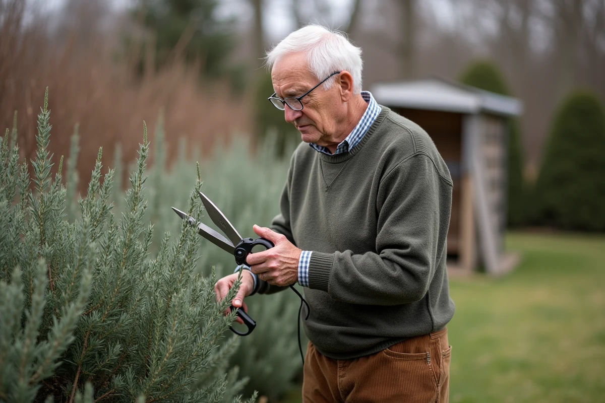 Homme âgé inspectant une sauge avec des cisailles de jardin