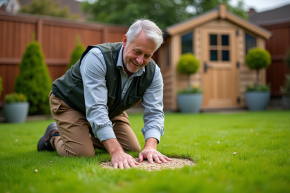 Homme en pantalon de travail et gilet de jardinage semant du gazon