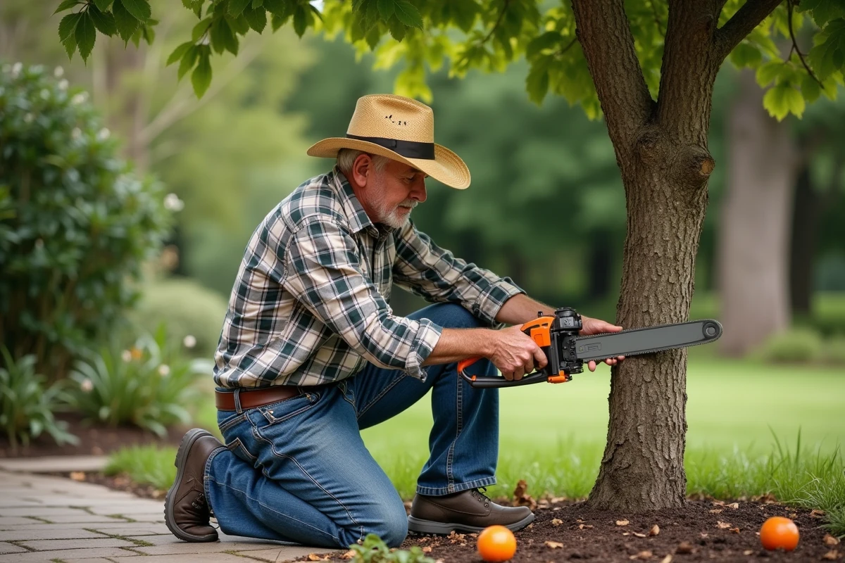 Homme âgé taillant un arbre crape myrtle dans le jardin