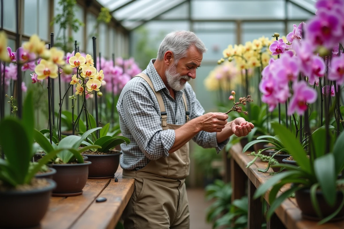 Homme dans une serre en train de couper une orchidée avec soin