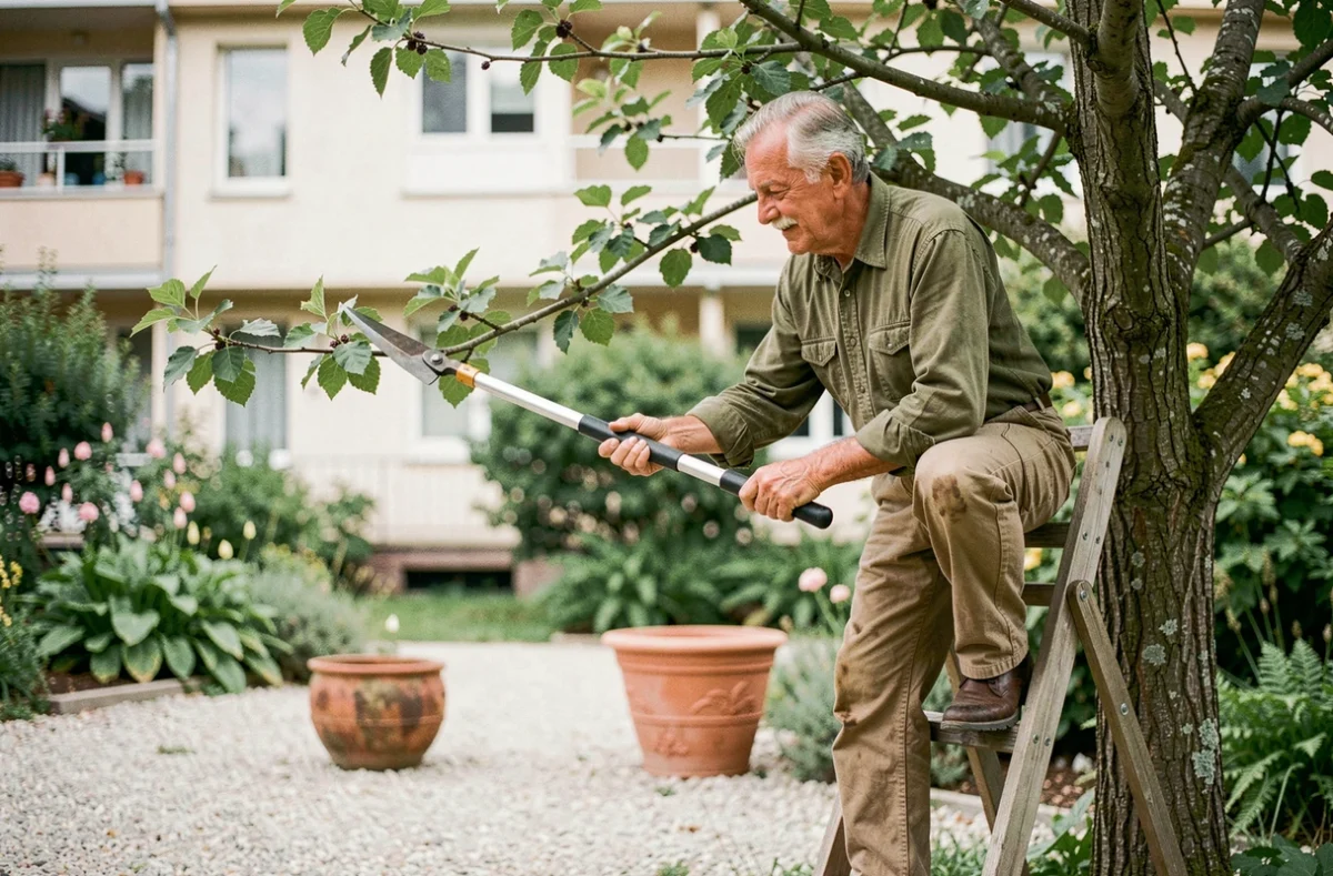 Homme âgé sur un escabeau taillant un mûrier avec un ébrancheur dans un jardin urbain
