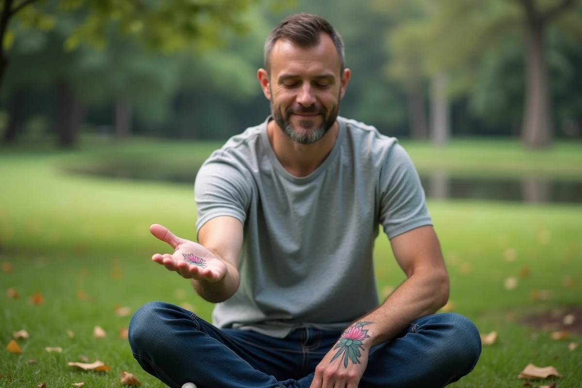 Homme avec tatouage lotus sur la main dans un parc