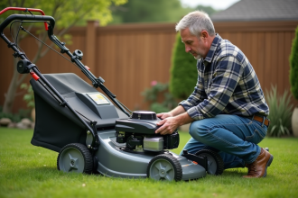 Homme d'âge moyen examinant un moteur de tondeuse dans un jardin
