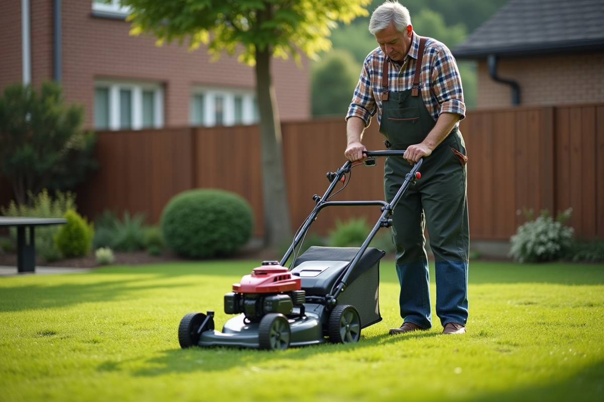 Homme d'âge moyen avec une tondeuse dans un jardin soigné