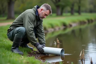 Homme en tenue de travail installant un siphon au bord d'un étang rural